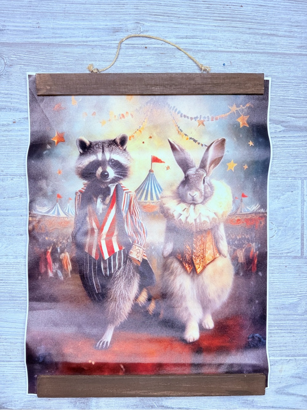 Hanging canvas wall art with whimsical Victorian vintage carnival clown animals